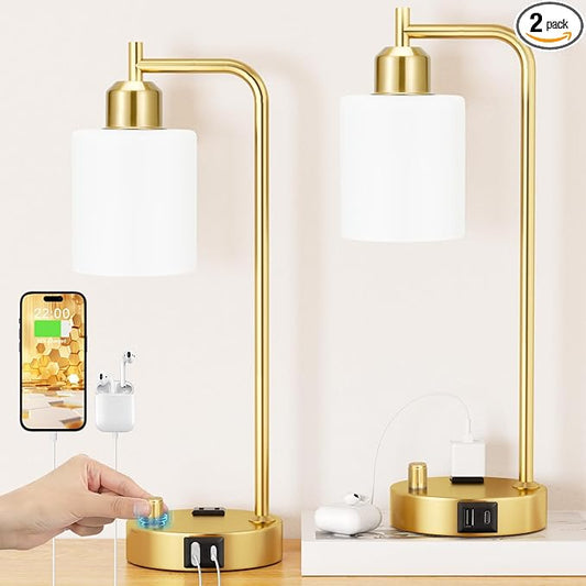 Innqoo Industrial Table Lamps for Bedroom Set of 2 - Fully Dimmable Bedside Lamps with USB Ports and Outlet, Gold Nightstand Lamps with Opal Glass Shade for Living Room, Desk Lamps for Office Reading