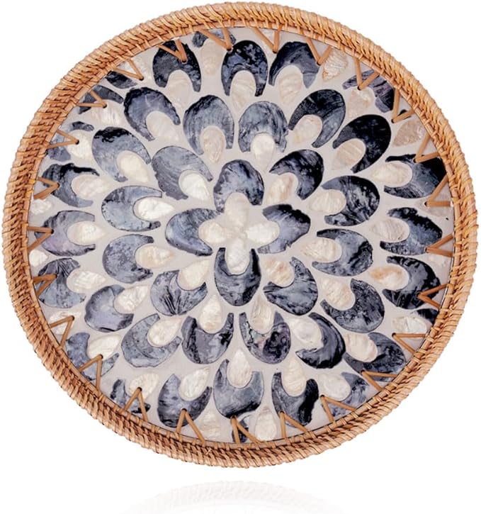 Shellac Rattan Tray with Mother of Pearl Inlay, Round Decorative Serving Tray for Home Décor Coffee Table Storage and Display, 100% Natural Materials - Ottoman Tray Black 12"