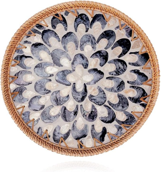 Shellac Rattan Tray with Mother of Pearl Inlay, Round Decorative Serving Tray for Home Décor Coffee Table Storage and Display, 100% Natural Materials - Ottoman Tray Black 12"