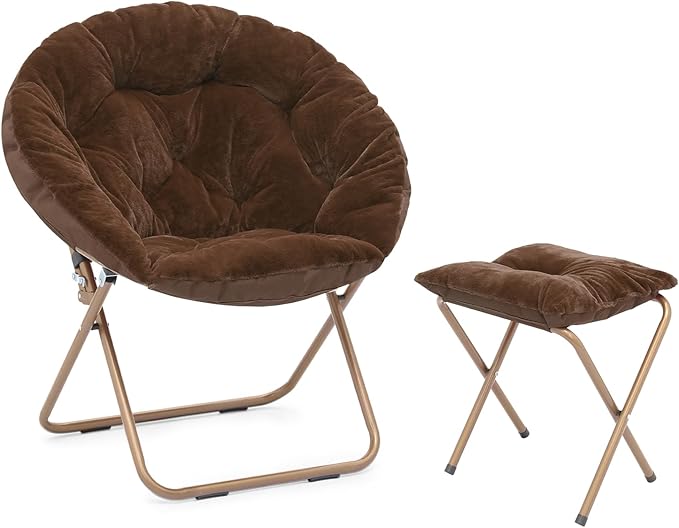 Athena Collection Modern Brown Faux Fur Velvet Saucer Foldable Round Cozy Accent Chair with Ottoman, 300lbs Weight Capacity, Perfect for Bedroom, Living Room, Outdoor Use