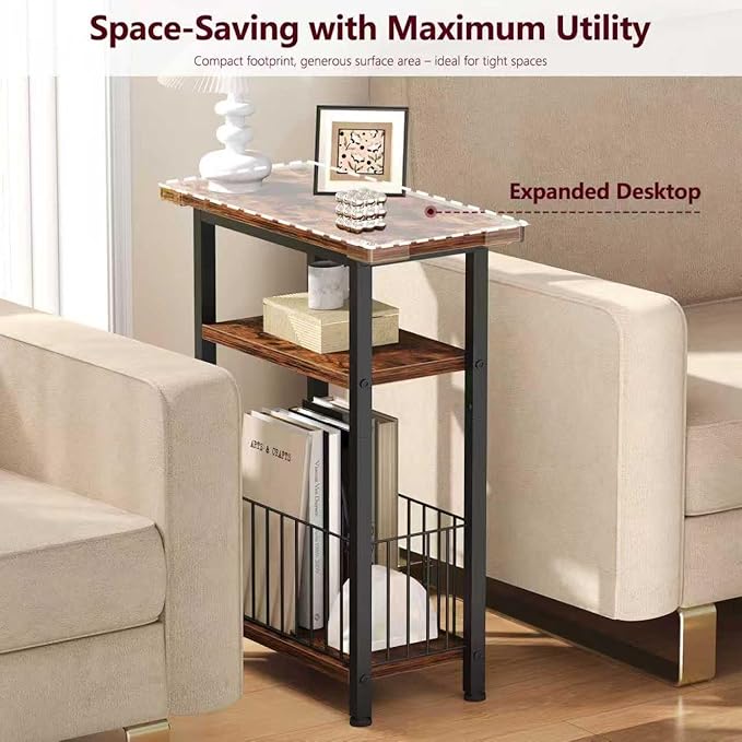 Heybly Small Narrow Side Table for Small Space, Thin Bedside Table with Storage Basket, Skinny End Table, 25.2" Tall Nightstand, Couch Table for Living Room, Bedroom, Study, Rustic Brown, HET004SR1