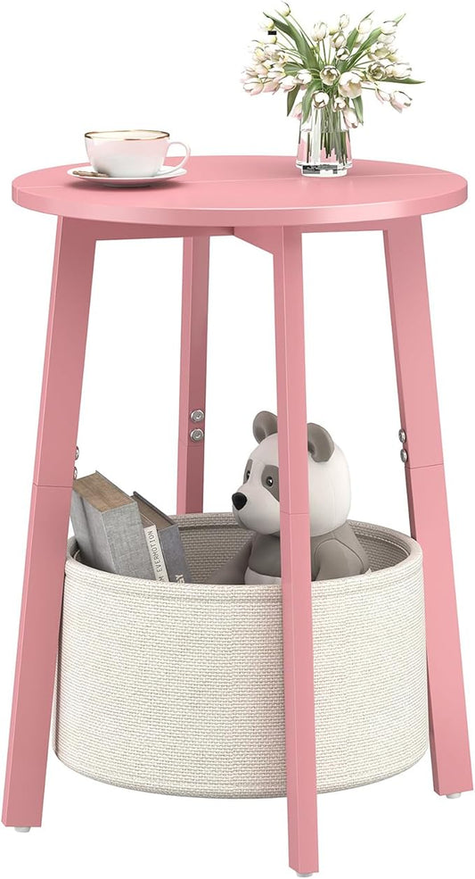 Small Round Side End Table with Cloth Storage Basket, Round Bedside Sofa Couch Coffee Tables for Small Places with Metal Frame, Modern Nighstands for Living Room Bedroom, Pink