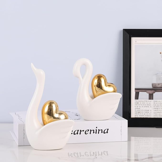 Loving Swan Figurine with Gold Heart Statue, Ceramic Animal Regalos Para Parejas, Cute Figurines Pottery Gifts for Anniversary, Couple Swan Sculpture for Women Dresser Knick Knacks Shelves Show Pieces