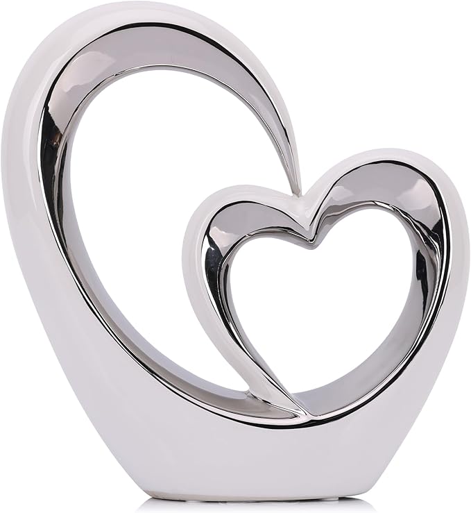 LCCCK Porcelain Double Heart Decor,White and Silver Sculpture Home Decor for Living Room Entryway Coffee Dining Table Shelves, Wedding Anniversary, Valentine's Gift for Couples & Lovers Modern