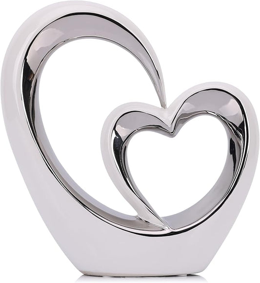 LCCCK Porcelain Double Heart Decor,White and Silver Sculpture Home Decor for Living Room Entryway Coffee Dining Table Shelves, Wedding Anniversary, Valentine's Gift for Couples & Lovers Modern