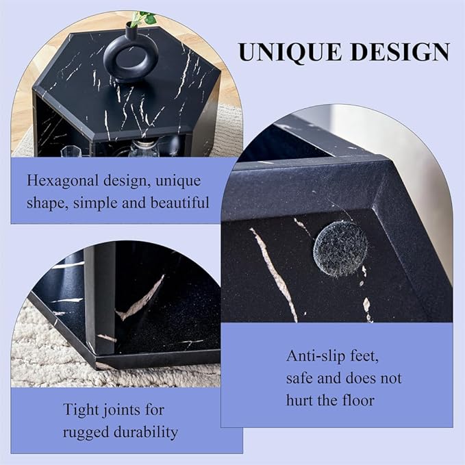 Side Table, Geometric End Table with Storage, Black Hexagon Table for Books, Decor & Drinks, Bedside Table for Small Spaces, No Assembly Required - Ready to Use