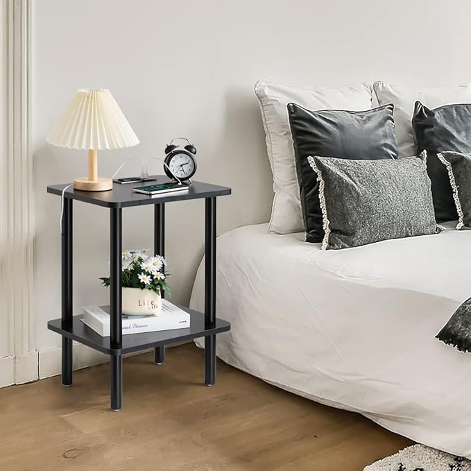 FORAOFUR End Table with Charging Station, Black Side Table with USB Ports and Outlets, Narrow Side Table for Living Room, Bedroom and Office, Small Nightstand with Charging Station