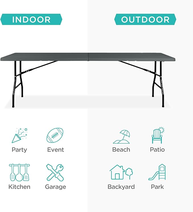 Best Choice Products 8ft Plastic Folding Table, Indoor Outdoor Heavy Duty Portable w/Handle, Lock for Picnic, Party, Pong, Camping - Dark Gray