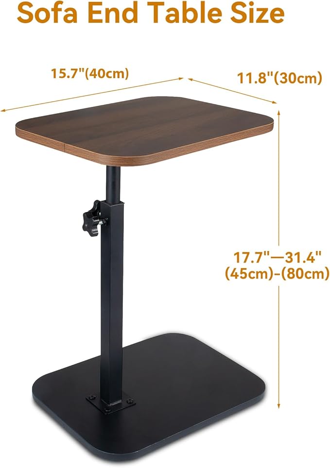 C Shaped End Table for Couch Sofa, 360° Swivel Height Adjustable TV Tray for Small Spaces,Livingroom Bedroom College Dorm Hospital(Walnut)