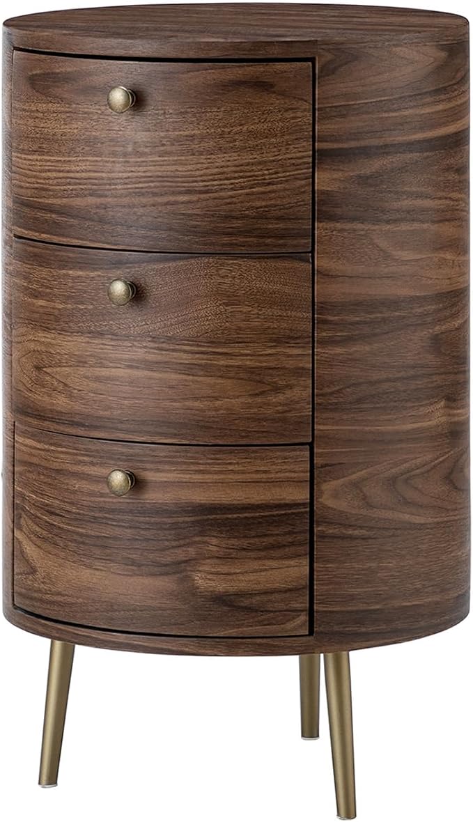 HULALA HOME Round End Table with 3 Storage Drawers, Mid Century Modern Sofa Side Table with Metal Legs, Farmhouse Wood Small Side Table for Living Room, Bedroom and Small Spaces, Walnut
