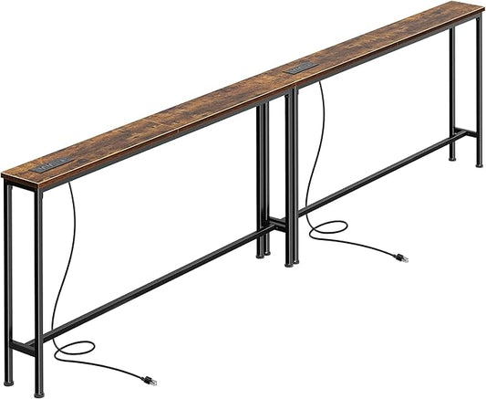 SUPERJARE 102.4 Inch Sofa Table with Power Outlets and USB-C Ports, 5.9 Inch Narrow Console Tables, Entryway Hallway Couch Tables with Storage, Behind Sofa, Small Spaces, Living Room, Rusitc Brown