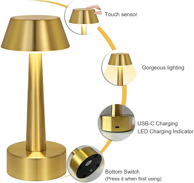 UMEXUS Cordless Small Table Lamp for Bar Restaurant, Rechargeable Battery Operated Touch Lamps, Gold 3-Way Dimmable Metal Portable Bedside Mini Night Light for Outdoor, Home Decor