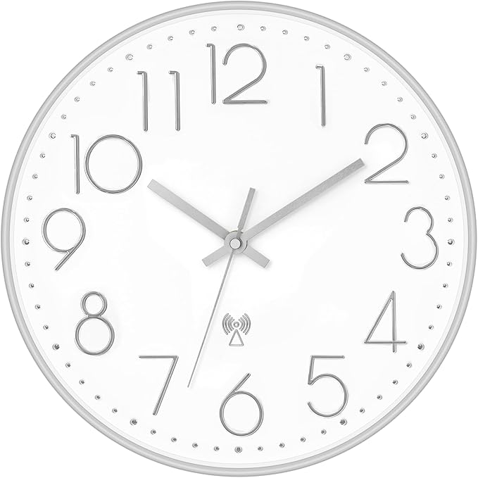 Foxtop Atomic Wall Clock Battery Operated Round Analog Modern Wall Clock Sets Automatically for Office Classroom Bedroom Kitchen Living Room (Silver)