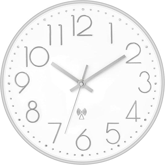 Foxtop Atomic Wall Clock Battery Operated Round Analog Modern Wall Clock Sets Automatically for Office Classroom Bedroom Kitchen Living Room (Silver)