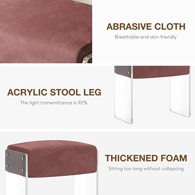 Vanity Stool Chair and Pouf Ottoman-Modern Multifunctional Vanity Stool and Foot Rest with Alcantara and Acrylic Leg for Makeup Room, Living Room, Bedroom