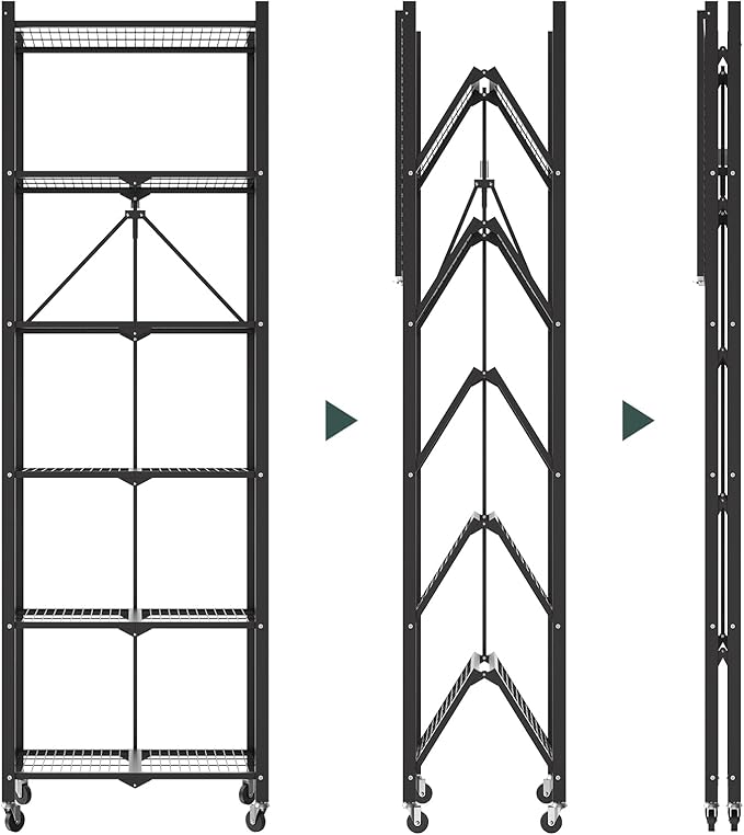 72" H 6 Tier Foldable Storage Shelf with Wheels, Folding Shelving Loads 600 LBS, Metal Steel Garage Shelves, Rolling Standing Utility Rack for Kitchen, Pantry, Office, Black