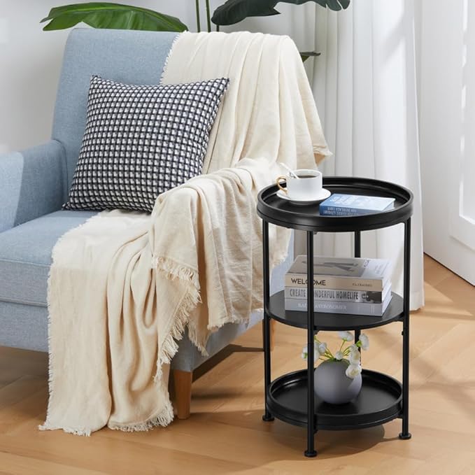 Dulcii Side Table, Round End Table with 3 Shelves for Living Room, Bedroom, Nightstand with Steel Frame for Small Spaces, Industrial Round Sofa Table, Outdoor Accent Coffee Table, Black