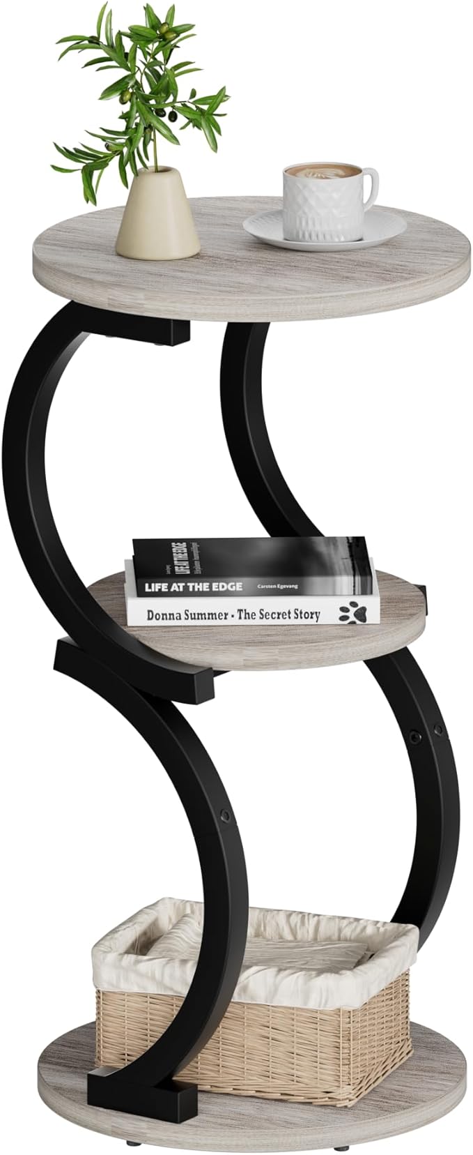 JUSTOGO Small Round Side Table, 3-Tier End Table for Living Room, Vintage Nightstand for Small Spaces Sofa Couch Corner Bedside Bedroom, S-Shaped Wood Accent Table Matel Coffee Table, Greige