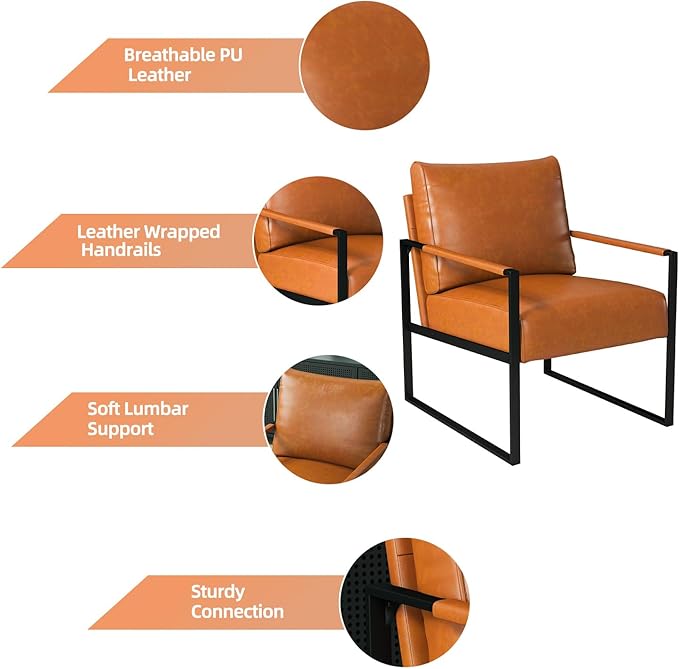 INZOY Leather Accent Chair with Metal Frame, Comfy Living Room Chair with Plump Backrest and Cushion, Mid Century Modern Chair with Sturdy Structure, Easy to Clean, Brown