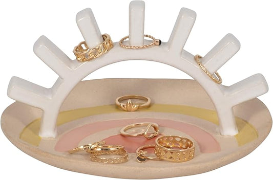 Sagebrook Home Boho Trinket Tray with Ring Holder - Ceramic Stoneware Jewelry Dish - Decorative Organizer for Rings & Accessories - Home, Office, Bedroom & Living Room Decor - 4" Ivory & Tan