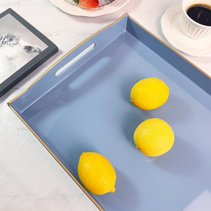 Blue Serving Tray with Handles, Plastic Decorative Tray for Coffee Table, Ottoman - Ideal for Living Room & Bathroom. 15” x 11” x 2.5”
