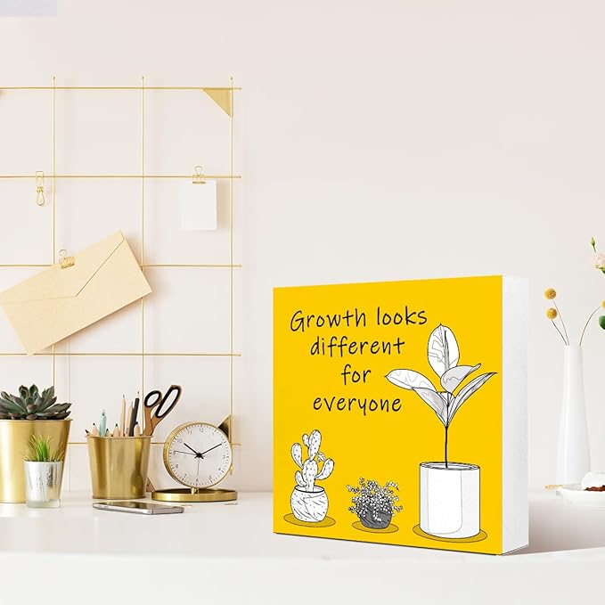 LVQHI Inspirational Wood Block Sign,Growth Looks Different for Everyone Plant Motivational Wooden Block Sign for Home Bedroom Office Desk Table Decor,Inspirational Cheer Up Gift for Coworker,5"x5"