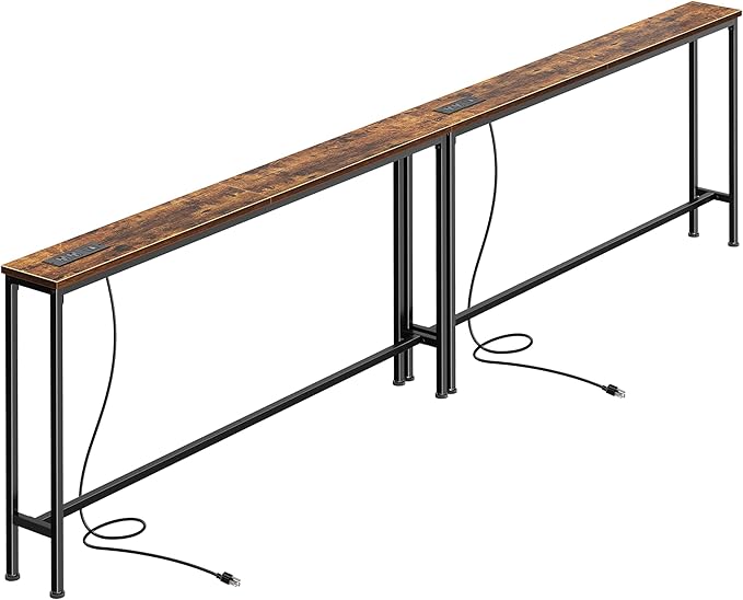 SUPERJARE 106.3 Inch Sofa Table with Power Outlets and USB-C Ports, 5.9 Inch Narrow Console Tables, Entryway Hallway Couch Tables with Storage, Behind Sofa, Small Spaces, Living Room, Rusitc Brown