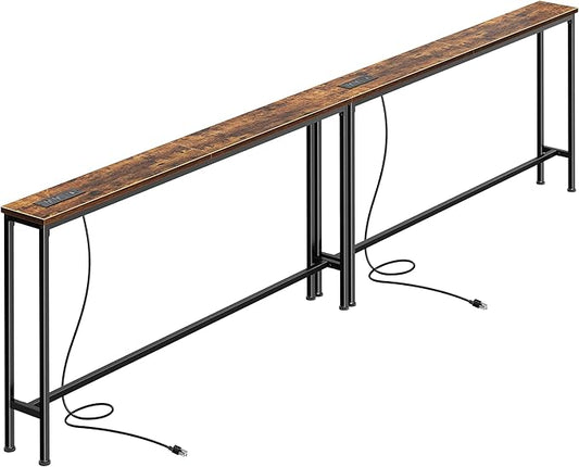 SUPERJARE 106.3 Inch Sofa Table with Power Outlets and USB-C Ports, 5.9 Inch Narrow Console Tables, Entryway Hallway Couch Tables with Storage, Behind Sofa, Small Spaces, Living Room, Rusitc Brown