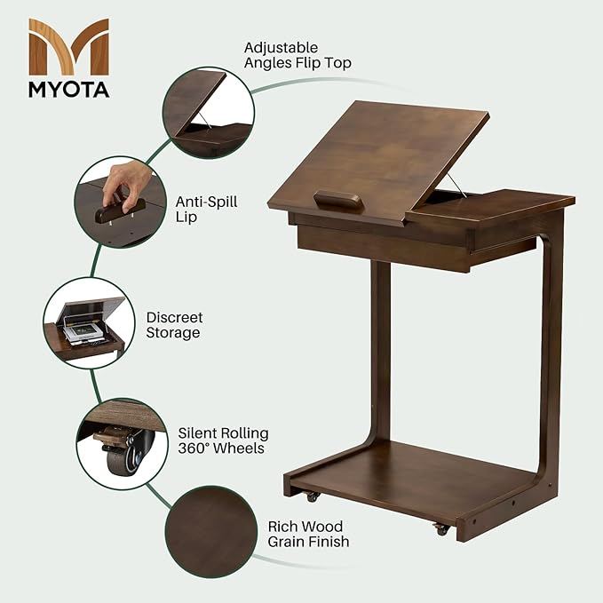 Wood Side Table for Couch - C Shaped Rolling End Table with Wheels Drawer, Wooden Modern Tv Tray Bedside Tables for Sofa Armchair Living Room Bedroom, Black Walnut, 15.4 in x 23.6 in x 24.8 in