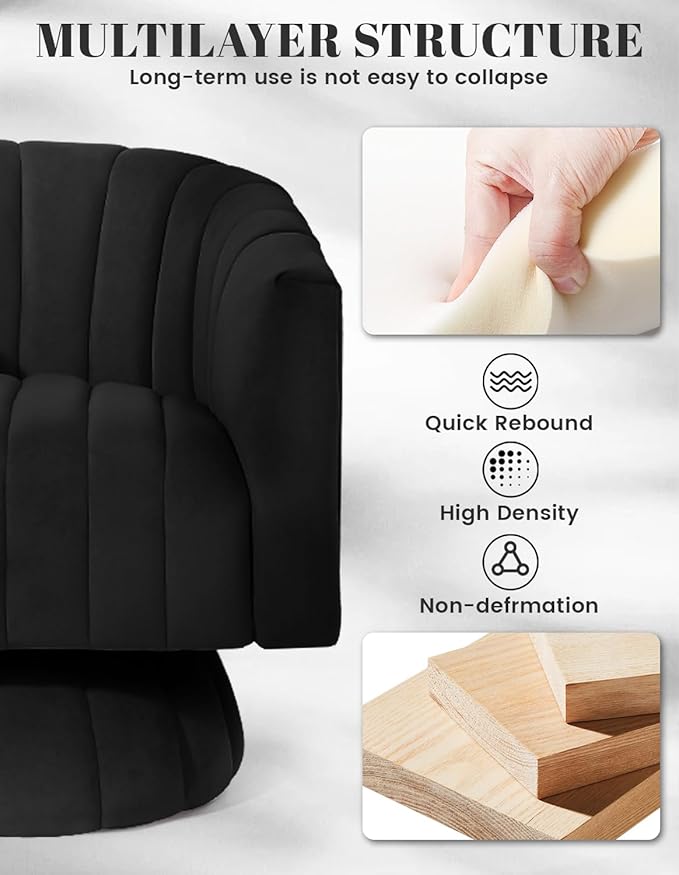 Kromax Swivel Accent Chair with Armrest, Set of 2, Mid Century 360 Degree Swivel Barrel Chair Overstuffed Tufted Velvet, Ideal for Living Room, Bedroom, Reading Room, Black