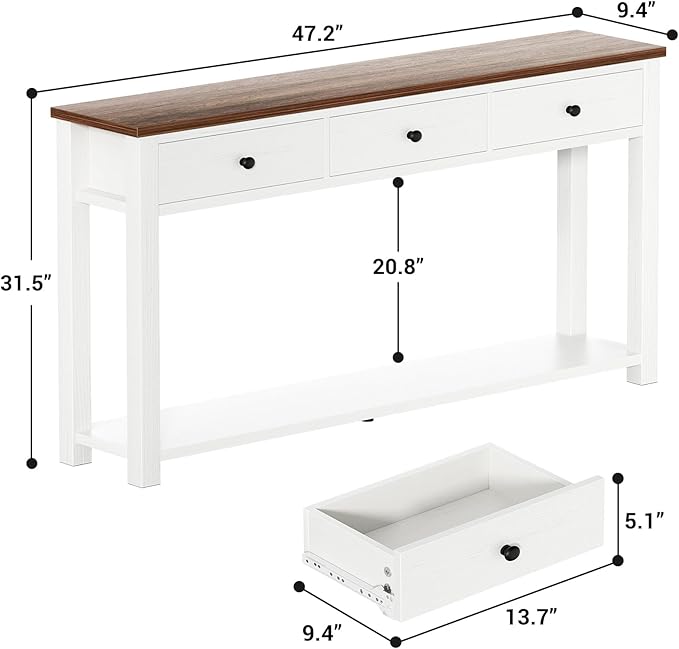 Homieasy Farmhouse Console Table with 3 Drawers, 47 Inch Wood Sofa Table with Storage Shelf for Living Room, Behind Couch, Entryway Table for Hallway, Living Room, or Foyer, Rustic Brown and White