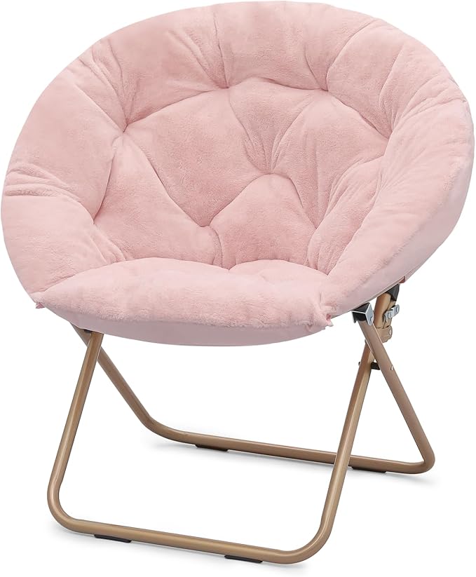 Athena Collection Comfy Saucer Chair Folding Cozy Chair for Bed Room Living Room Accent Chair Faux Fur Reading Chair Foldable Metal Frame Lazy Chair Moon Chair for Adult, Pink