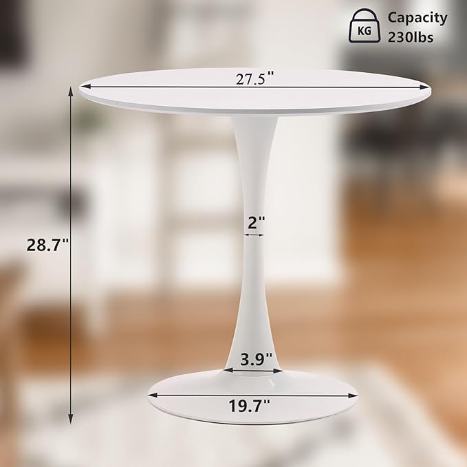 White Round Dining Table, Small Circle Dining Table for 2 Person, Modern 27.5" Tulip Table Kitchen Dinner Small Social Coffee Tables for Dining Room, Living Room, Restaurant, Cafe, Break Room or Lobby