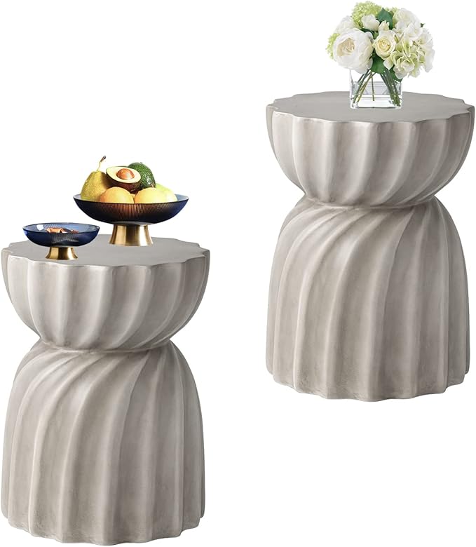 HOMPUS Unique Outdoor Concrete Side Table Set of 2, Garden Stool, 2 Piece Round Patio MgO End Table, Lightweight Small Accent Table for Indoor Outdoor Use, Patio, Garden, Backyard, Natural Grey