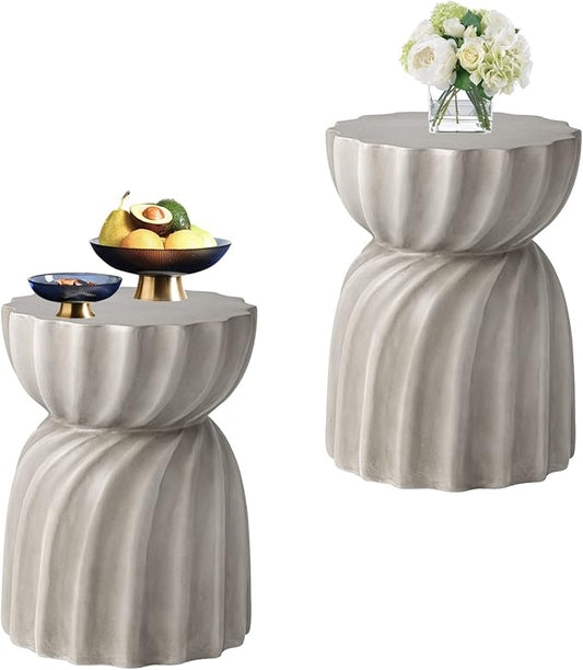 HOMPUS Unique Outdoor Concrete Side Table Set of 2, Garden Stool, 2 Piece Round Patio MgO End Table, Lightweight Small Accent Table for Indoor Outdoor Use, Patio, Garden, Backyard, Natural Grey