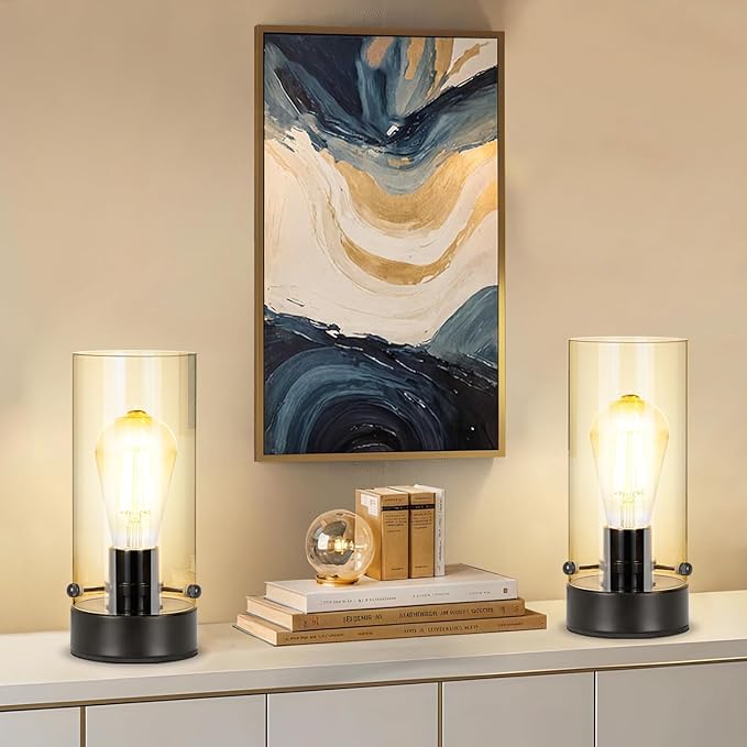 Touch Table Lamp for Bedroom, Modern Glass Lamp Bedside Table Lamps for Night Stands with 2700K 6W Glass Bulb,Small Night Light Lamps for Living Room Kids Office Desk Decor Black