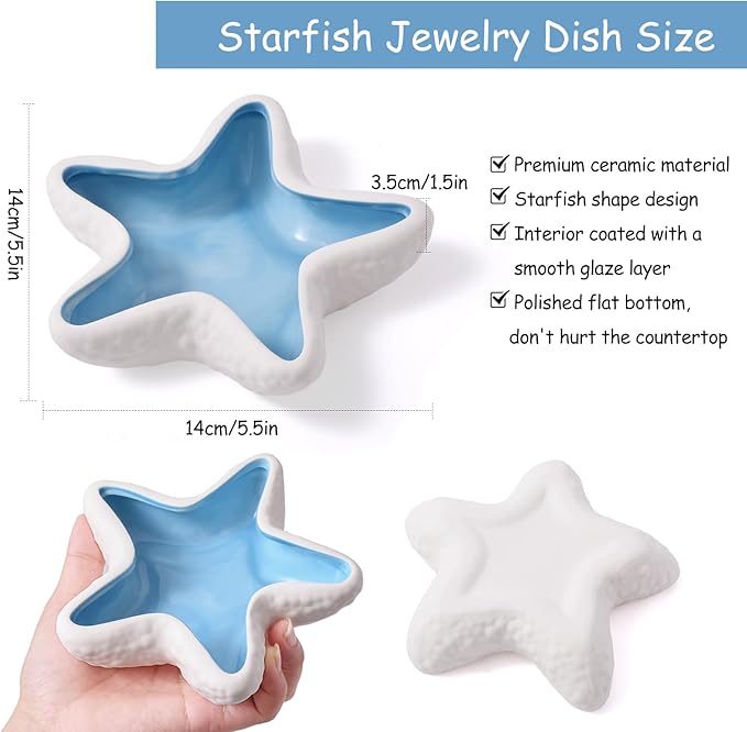 Ceramic Starfish Jewelry Tray, Blue Shell Trinket Dish Beach Gift for Women, Ocean-themed Ring Holder Candy Dish Decorative Tray for Earrings Necklaces Watch Key, Coastal Blue Room Decor