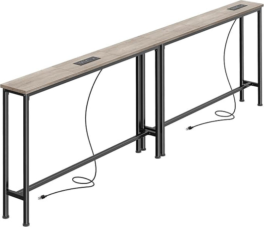 SUPERJARE 78.8 Inch Narrow Console Table with Outlet, Sofa Table Set of 2, Behind Couch Table, Long Entryway Tables with Charging Station, for Living Room, Oak