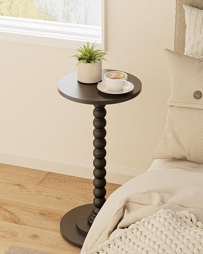 Masupu Round Side Table, Small End Table for Small Spaces, Pedestal Drink Table with Solid Wood Leg for Living Room, Bedroom, Corners(Black)