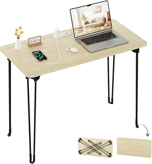 Folding Desk, 31.5" Hairpin Legs Small Desk with Power Strip for Bedroom, Space Saving Foldable Computer Desk for Home Office, No Assembly Need,Beige