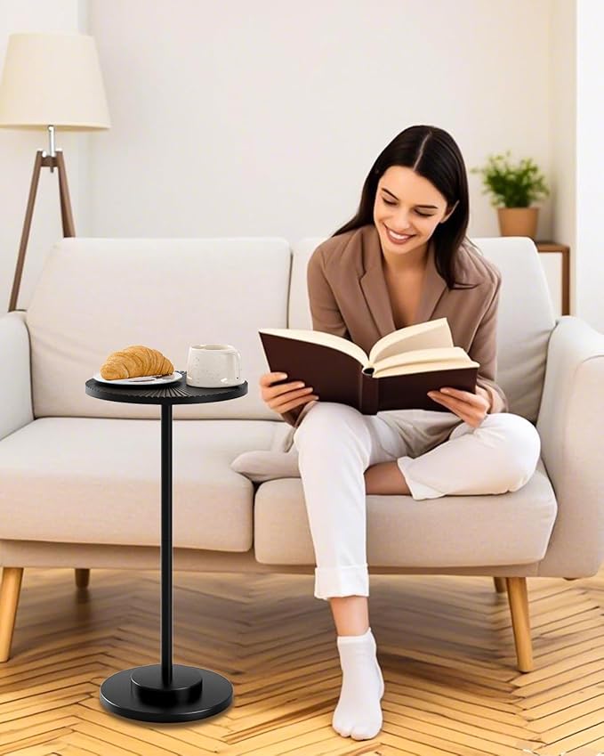Round Side Table, Small Drink Table for Small Spaces, Modern Accent End Table with Metal Leg for Living Room, Bedroom, Corners, and Office (Black)