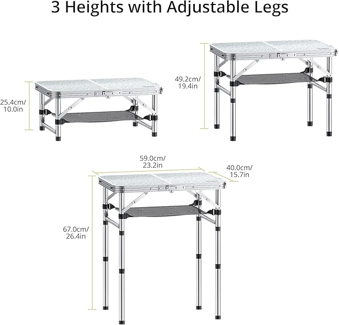 Anbte 2ft Camping Table Foldable, 3 Adjustable Heights 26.3" Aluminum Small Folding Table with Storage Net, Lightweight, Portable Handle for Travel Outdoor Beach Picnic, 23.2" x 16", Silver