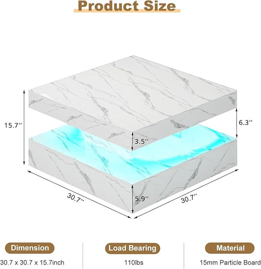 White Marble LED Coffee Table for Living Room, Living Room Table 2-Tier Square Middle Center Table, Modern Coffee Tables with Storage, Contemporary Wood Tea Tables for Dining Reception