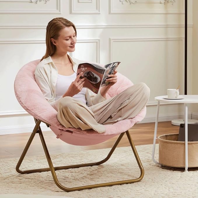 Comfortable Cozy Faux Fur Disc Chair Foldable Feature for Bedroom, Living Room and Dorm, Adult-Sized Relaxation, Pink