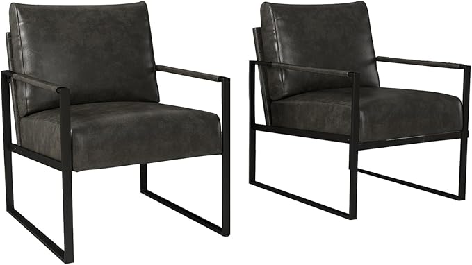 INZOY Leather Accent Chair with Metal Frame Set of 2, Comfy Living Room Chair with Plump Backrest and Cushion, Mid Century Modern Chair with Sturdy Structure, Easy to Clean, Dark Grey