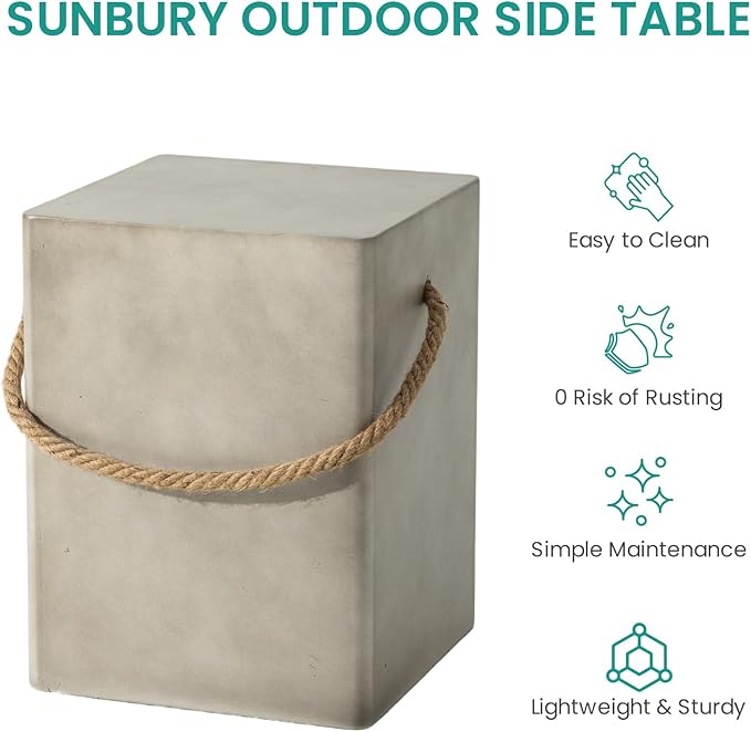 SUNBURY Concrete Side Table Set of 2, Outdoor Side Table for Patio, 18" H Outdoor Accent Table w Hemp Rope, Patio Side Table End Table in Medium Gray, Ceramic Side Table Garden Stool Log Table