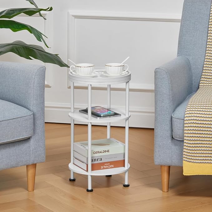 Small White Side Table, Round End Table with Wood Grain Texture, 3-Tier Farmhouse Nightstand for Bedroom & Living Room, 21.7" H Cute Accent Table for Nursery, Bathroom, Small Spaces (Classic, White)