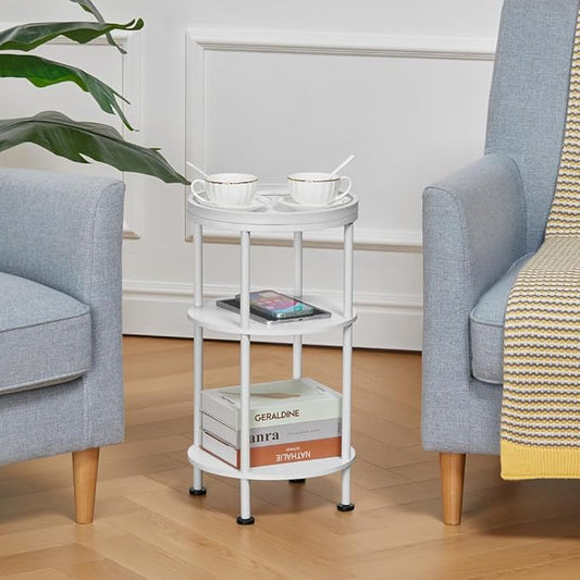 Small White Side Table, Round End Table with Wood Grain Texture, 3-Tier Farmhouse Nightstand for Bedroom & Living Room, 21.7" H Cute Accent Table for Nursery, Bathroom, Small Spaces (Classic, White)
