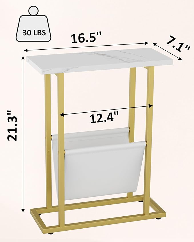 Yusong Narrow Side Table for Small Spaces, Small End Table with Magazine Holder, Skinny Slim Little Thin Table for Living Room, Bedroom, Sofa, White and Gold