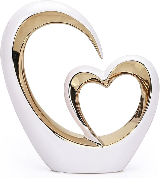 LCCCK Porcelain Double Heart Decor,White and Gold Sculpture Home Decor for Living Room Entryway Coffee Dining Table Shelves, Wedding Anniversary, Valentine's Gift for Couples & Lovers Modern